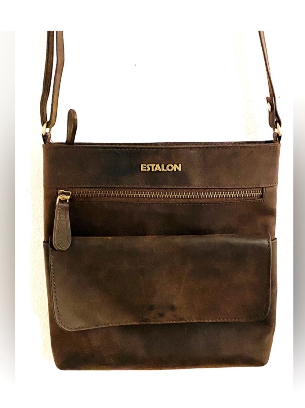 Estalon Women's Dark Brown Leather Messenger Bag with Front Pocket